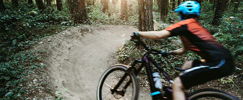 Person on bike biking through the woods.